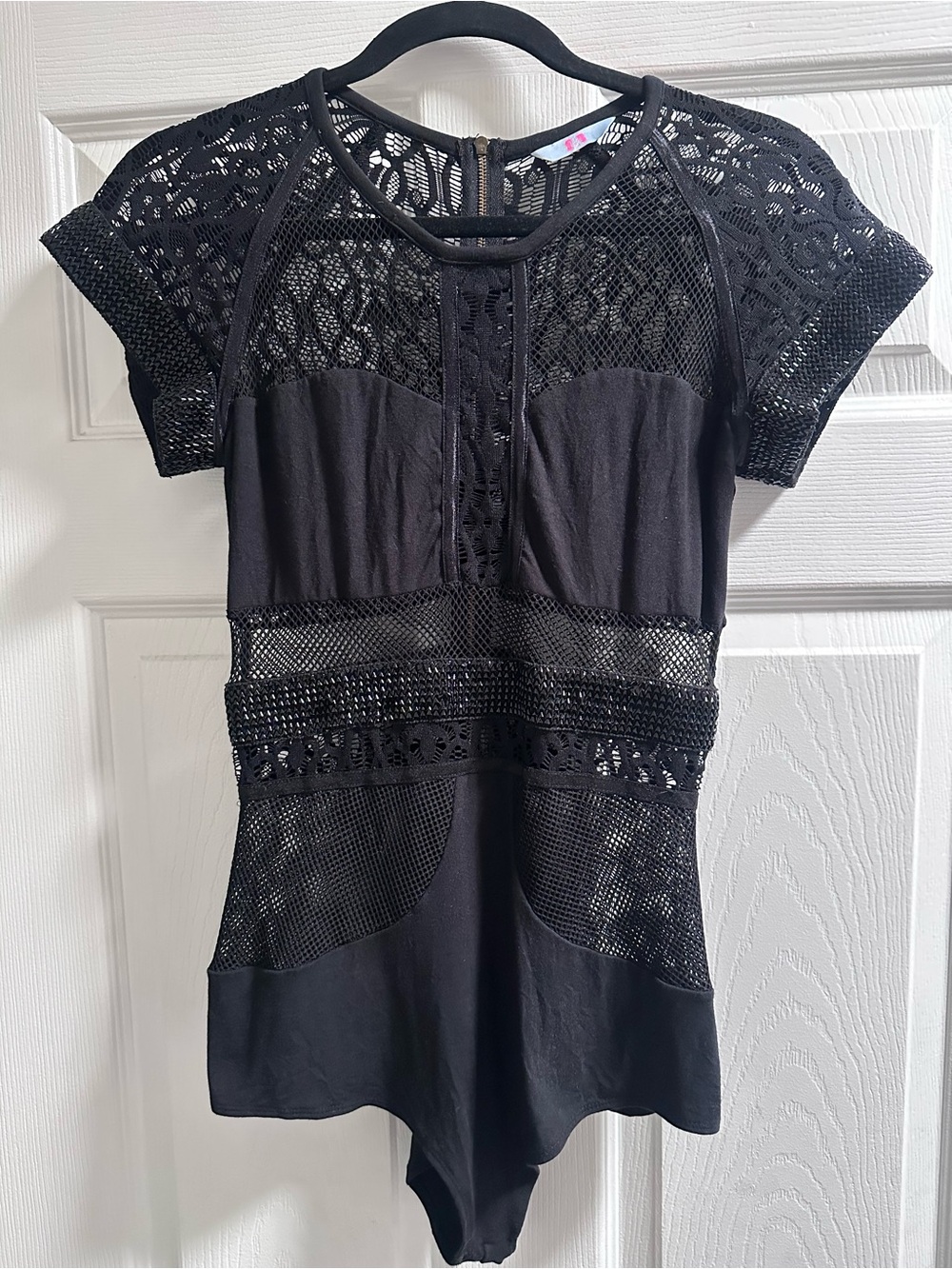 sass & bide Black Lace & Mesh Short Sleeve Bodysuit